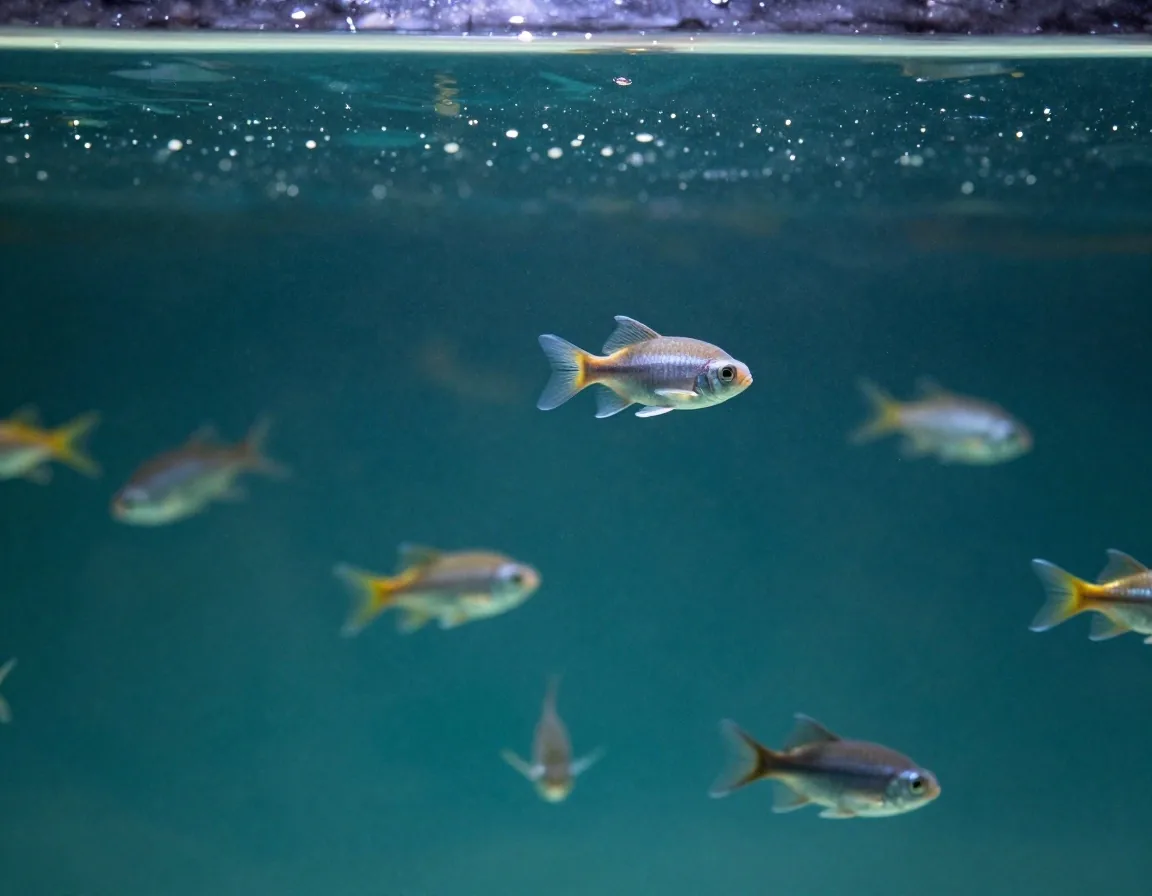 Detalle del vidrio del tanque con peces detrás