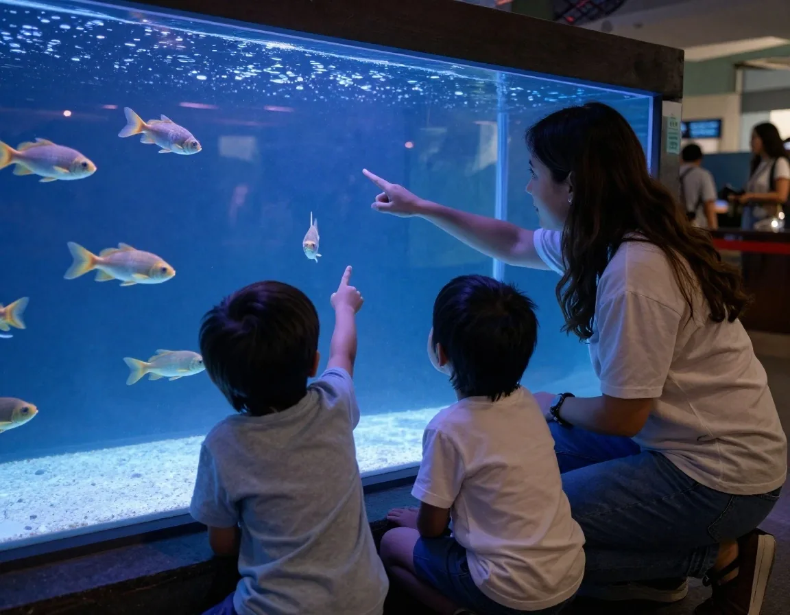 Familia con niño pequeño frente al vidrio grande del acuario
