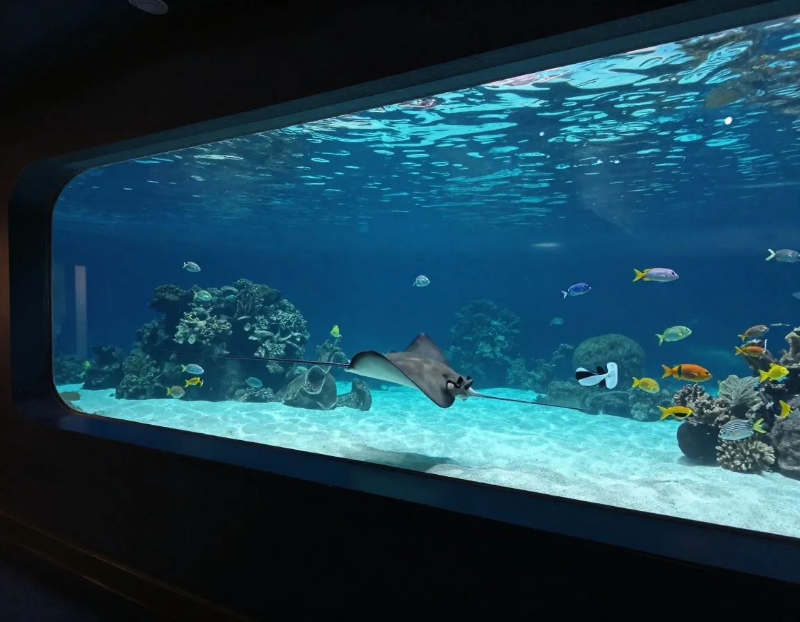Rayas y peces arrecifales en tanque marino del acuario