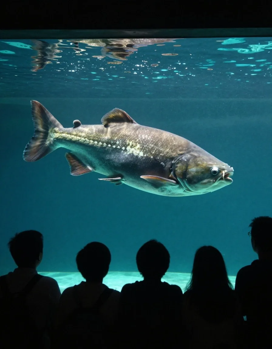 Tanque grande del acuario en Medellín con visitantes mirando los peces
