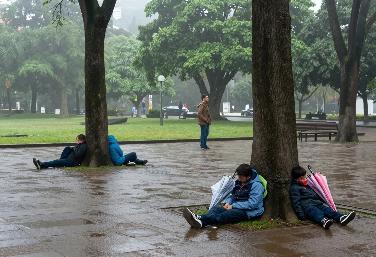 Visitantes con chaqueta liviana en un jardín de Medellín