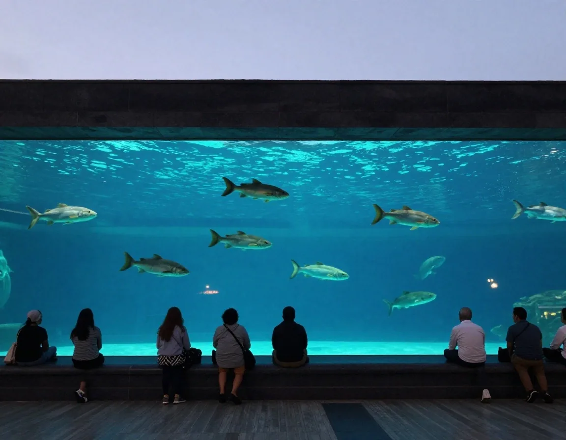 Visitantes frente al tanque principal del acuario en Medellín