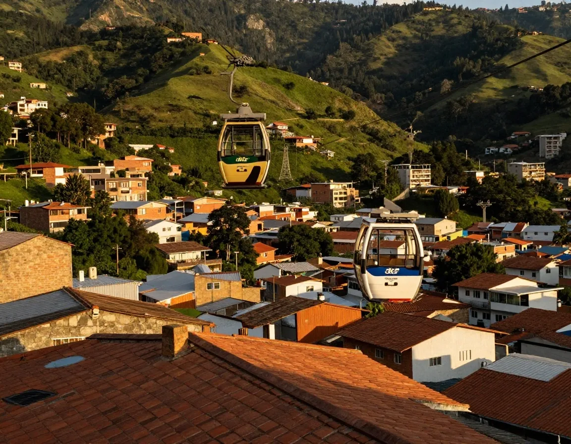 Metrocable sobre tejados de Medellín al atardecer
