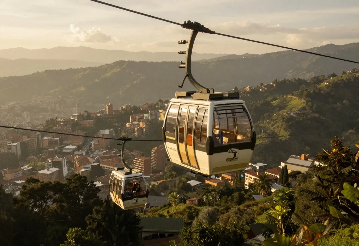 Cabinas del Metrocable sobrevolando las laderas de Medellín
