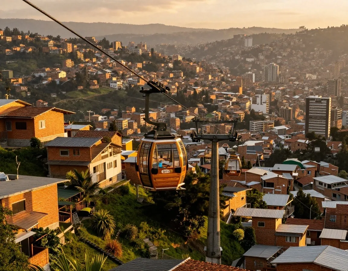 Metrocable sobre las laderas de Medellín al atardecer