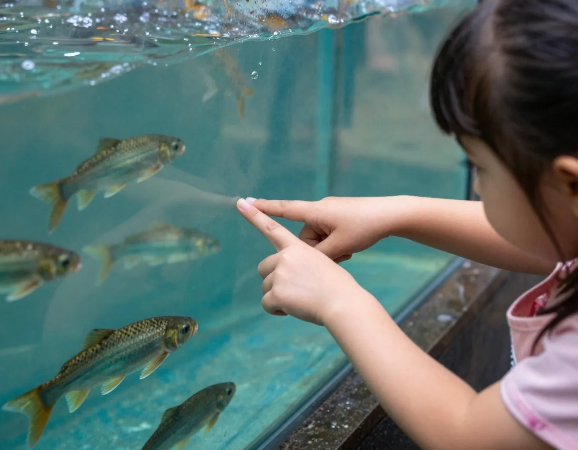Mano de niña señalando peces tras el vidrio del acuario