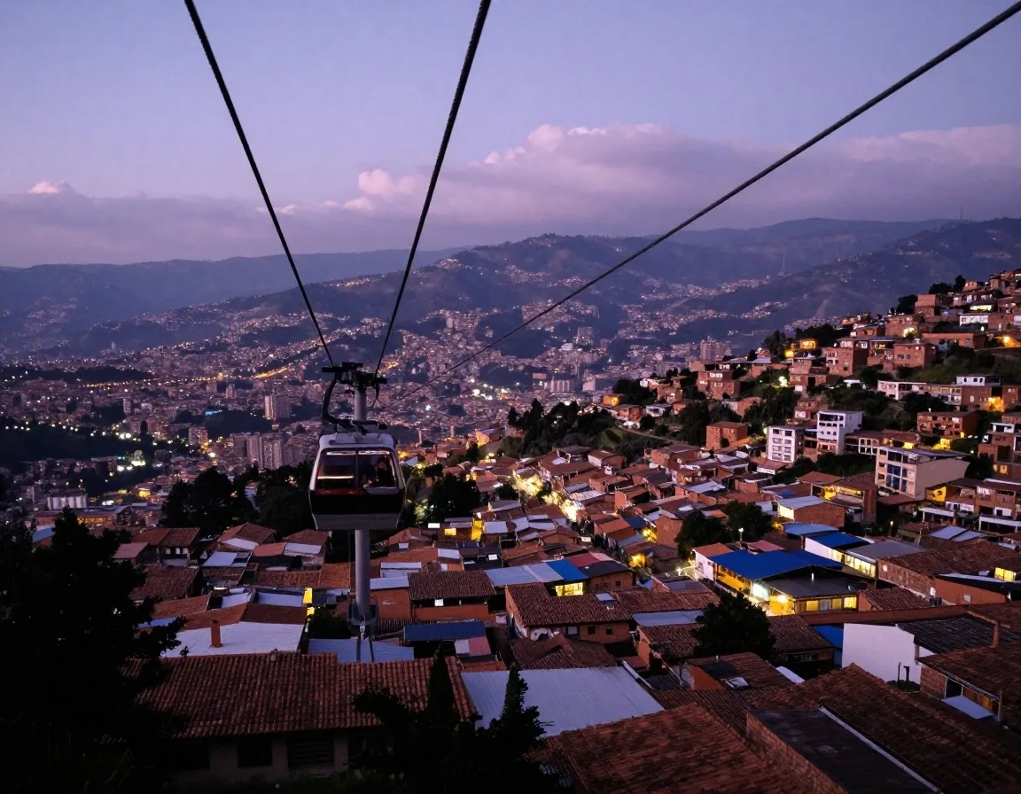 Metrocable sobre los barrios de Medellín al atardecer