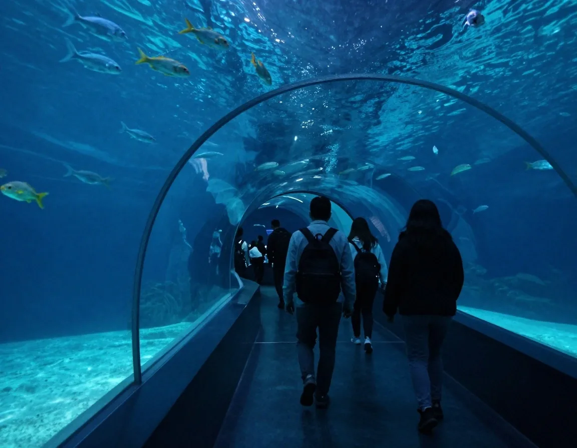 Visitantes frente al tanque del acuario en Medellín