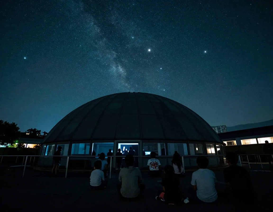 Interior del domo del planetario con cielo estrellado proyectado y público sentado