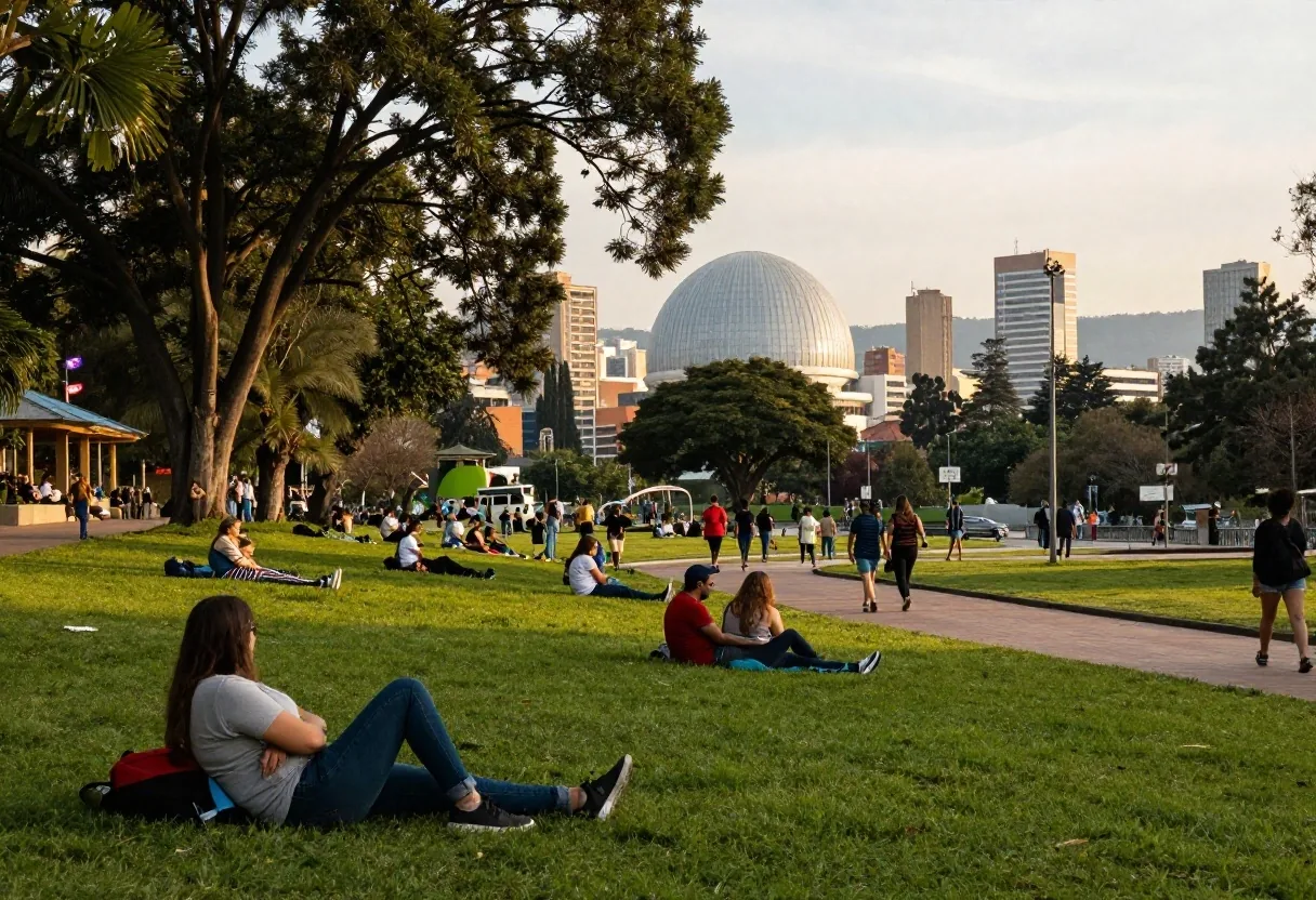Zona de Carabobo junto a Parque Explora con visitantes caminando entre el museo y el Planetario